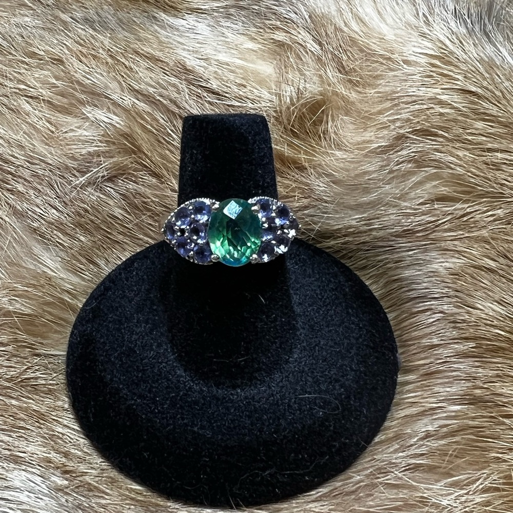 Green Amethyst and Amethyst Ring .925 SS Size 6